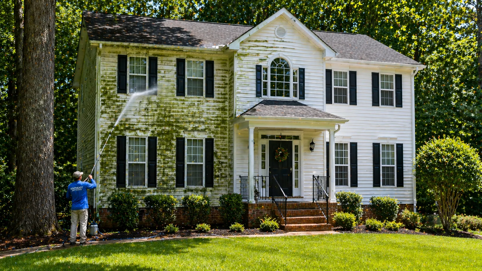 Exterior house washing removing algae from siding in Cumming GA