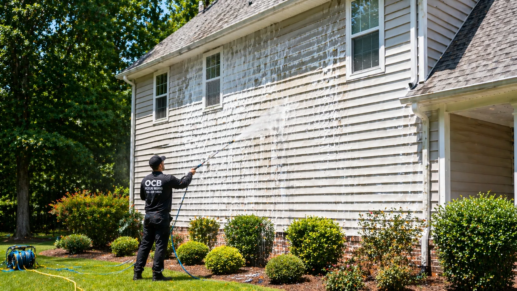 OCB Pressure Washing technician performing house washing in Cumming GA