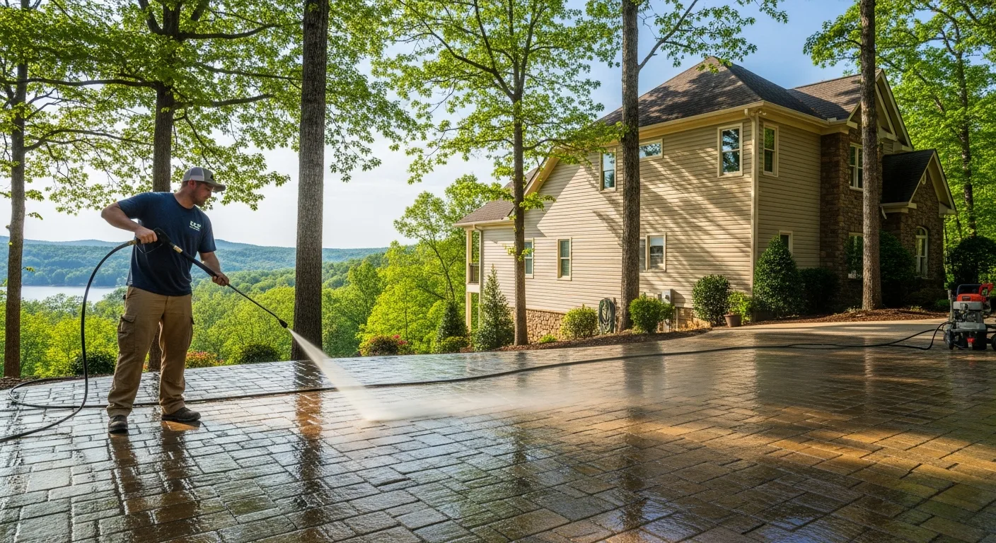 OCB Pressure Washing technician cleaning a paver driveway at a hillside home above Lake Lanier in Buford, GA