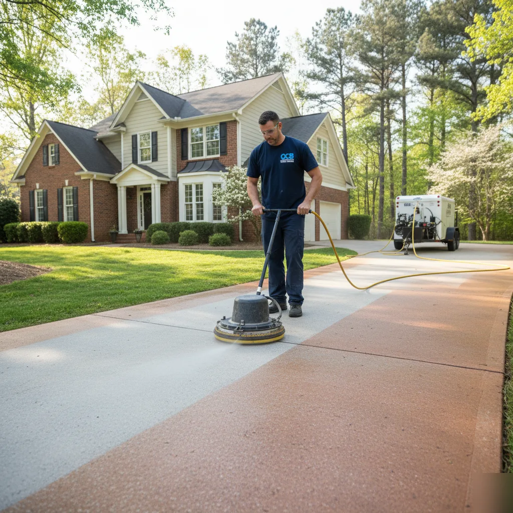 OCB technician pressure washing red clay driveway in Canton GA
