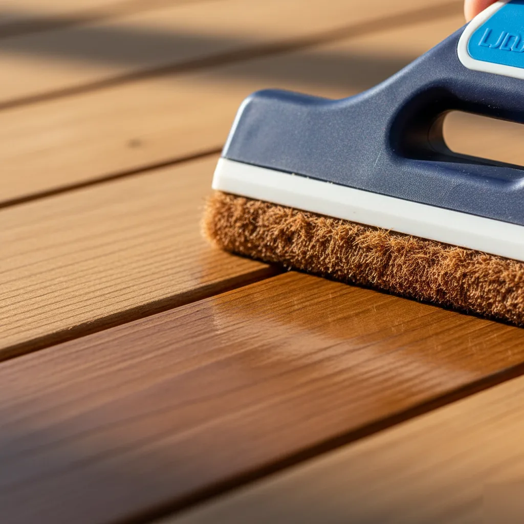 Close-up of professional stain application on wood deck in Cumming GA | OCB Pressure Washing