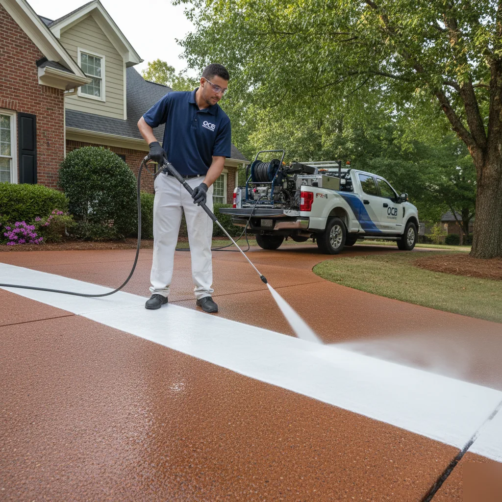 OCB technician pressure washing red clay driveway in Dawsonville GA