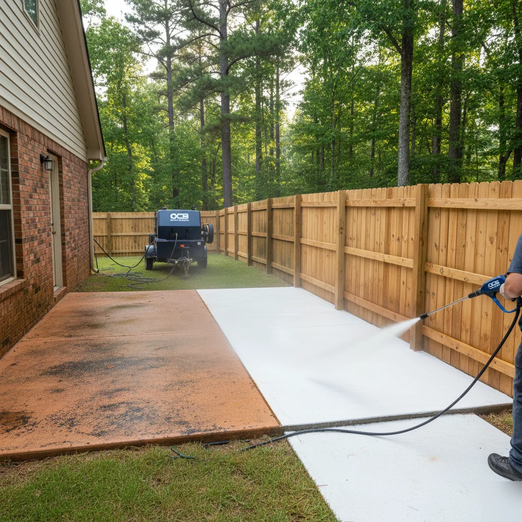 Concrete patio and fence cleaning before and after in Dawsonville GA