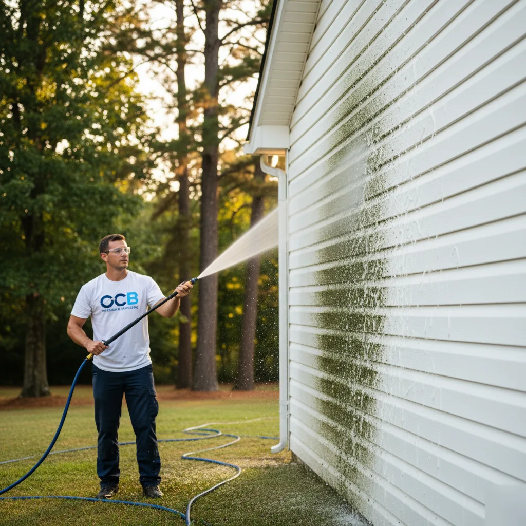 Soft washing siding on wooded Dawsonville GA home near Dawson Forest