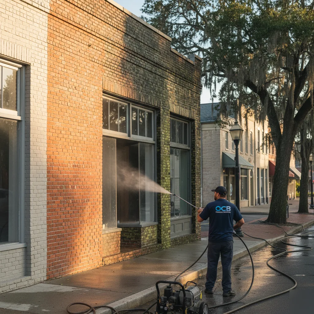 OCB Pressure Washing technician cleaning historic brick storefront facade on downtown Gainesville Square, GA