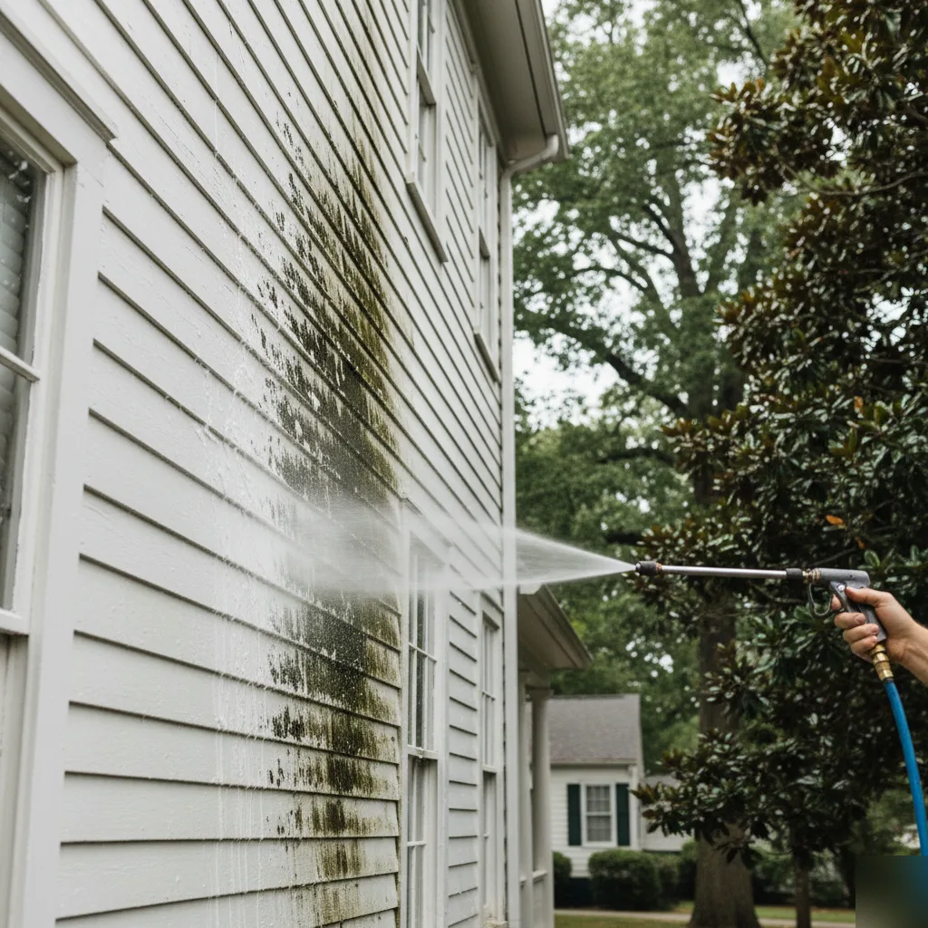 OCB Pressure Washing technician soft washing mold-covered wood siding on historic home near Roswell Square, GA