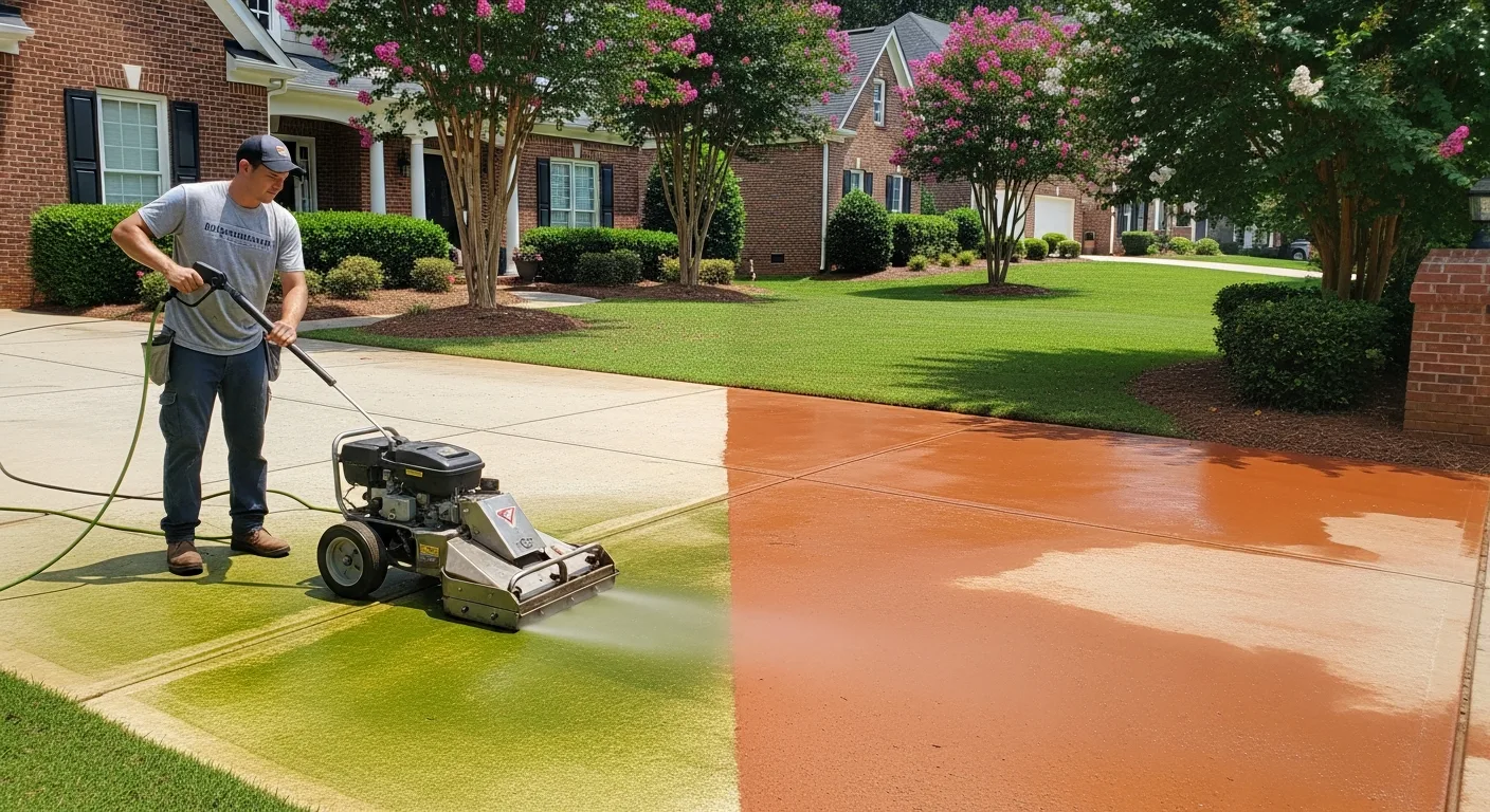 OCB Pressure Washing technician using a surface cleaner to lift algae and red clay film from a residential concrete driveway in Suwanee, GA