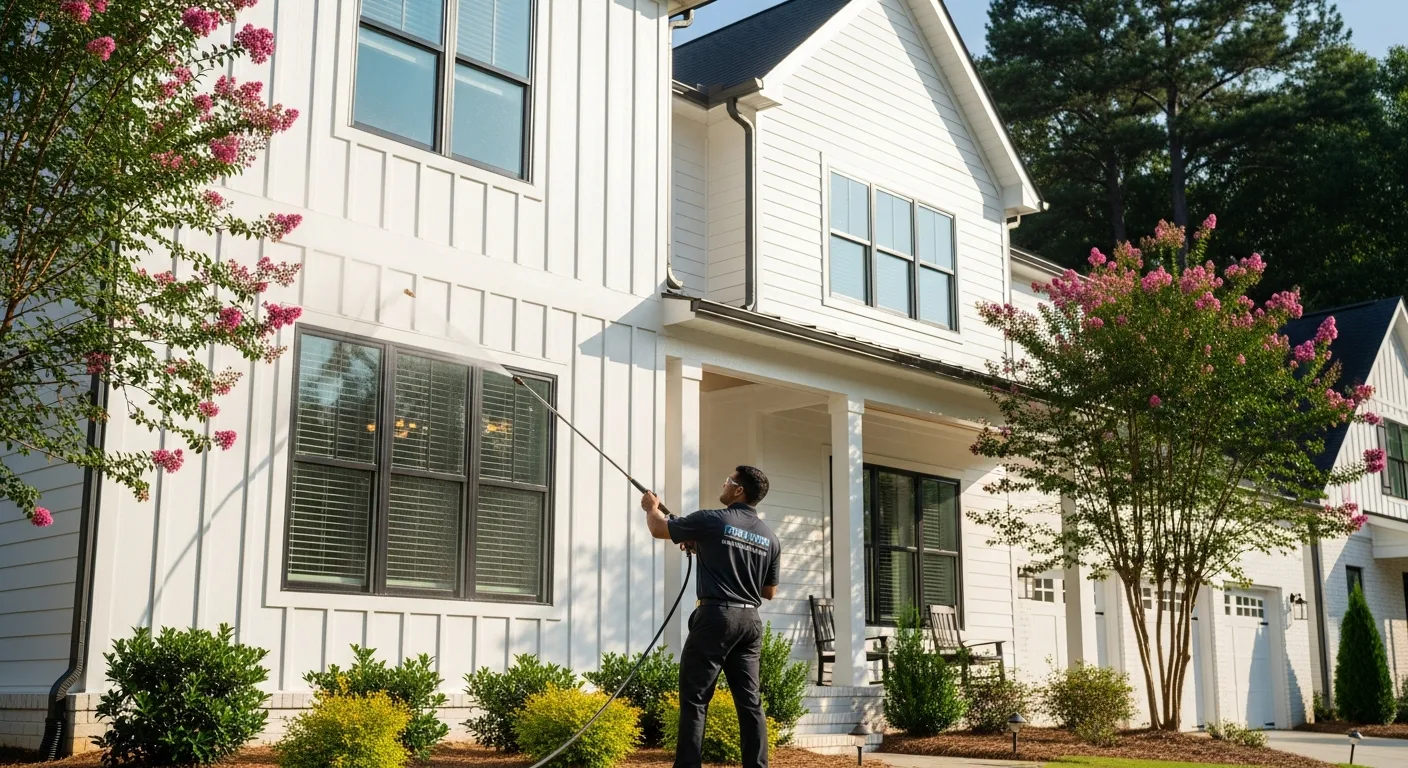 OCB Pressure Washing technician soft-washing the siding of a modern two-story home in Suwanee, GA