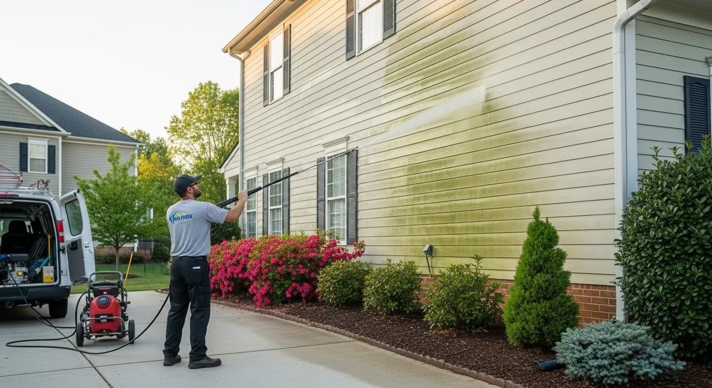 OCB Pressure Washing technician soft-washing the vinyl siding of a two-story suburban home in a Suwanee, GA neighborhood near Suwanee Town Center Park