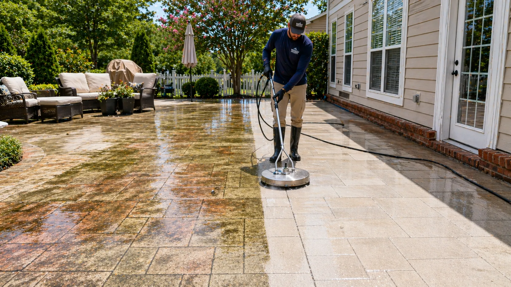 Patio pressure washing in Cumming GA removing algae and stains