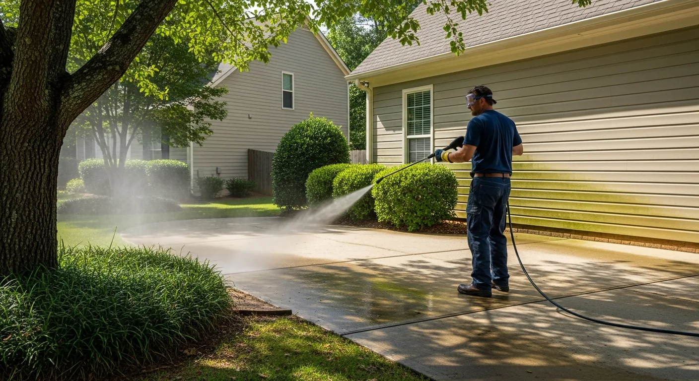 Technician spraying algaecide on Cumming GA home exterior