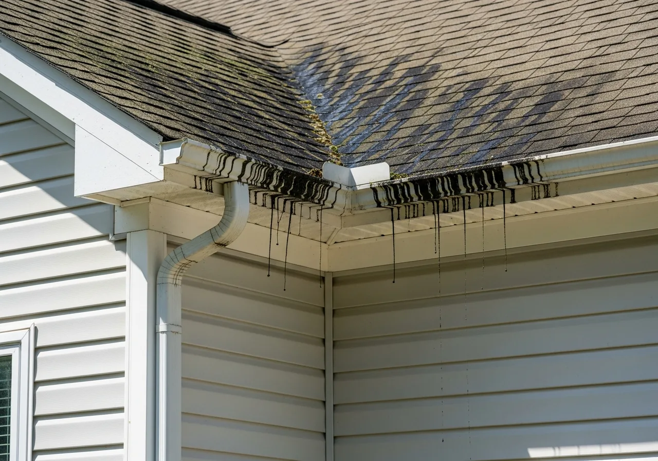 Algae streaks on roof and siding of Cumming GA home