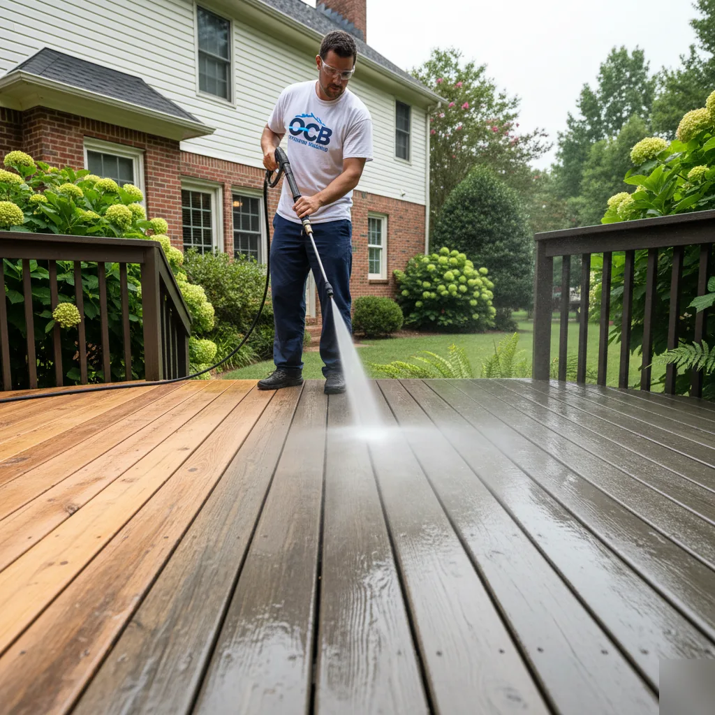 OCB Pressure Washing technician pressure washing weathered wood deck boards before staining at Cumming, GA home
