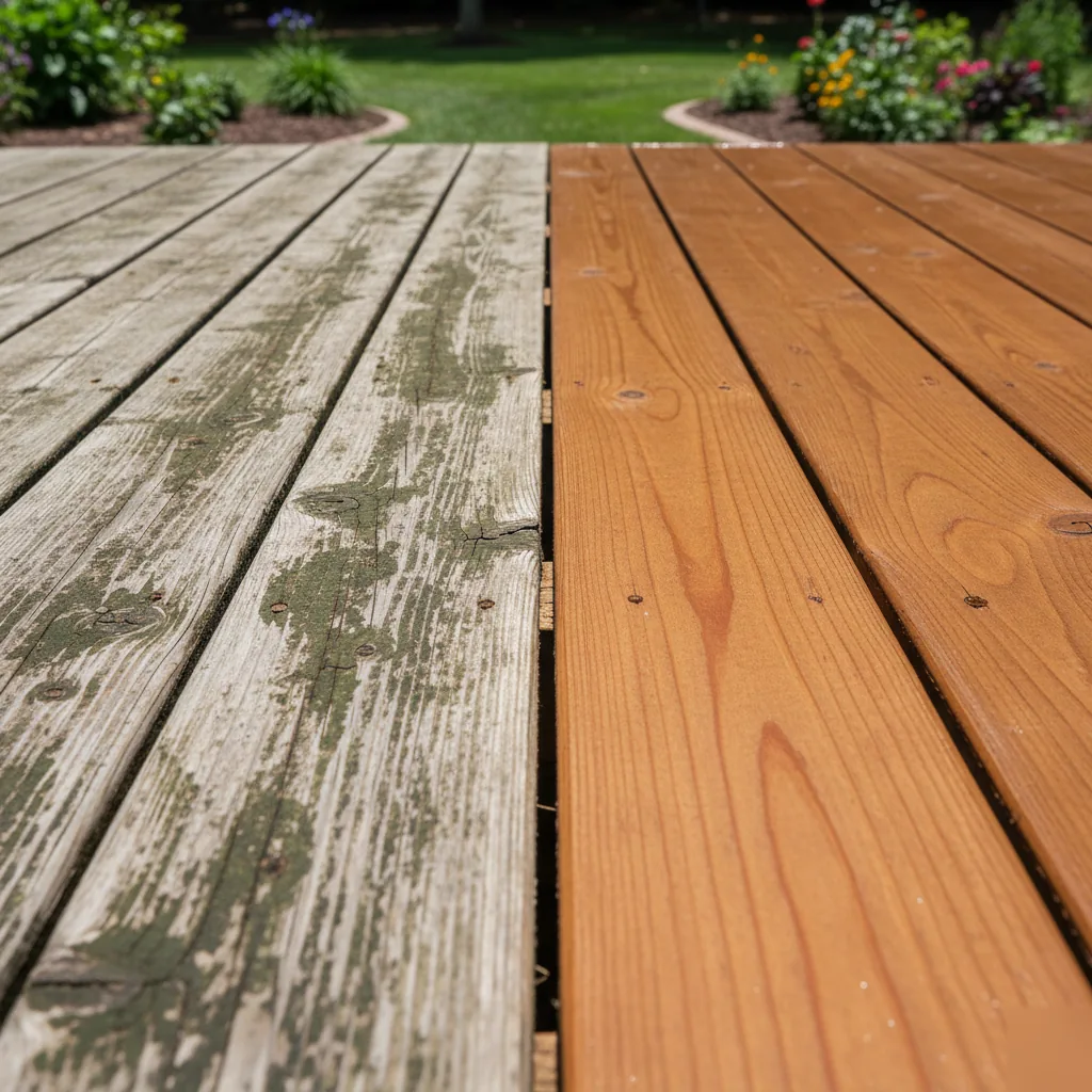 Close-up split comparison of deck boards showing weathered gray wood with mold on left versus freshly stained warm cedar tone on right in Cumming, GA