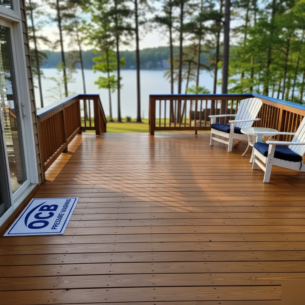 Beautifully finished stained wood deck at Lake Lanier lakefront home in Forsyth County, GA with lake view in background