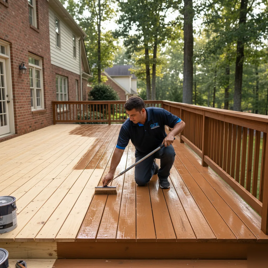 OCB Pressure Washing technician applying semi-transparent wood stain to residential deck at brick home in Cumming, GA