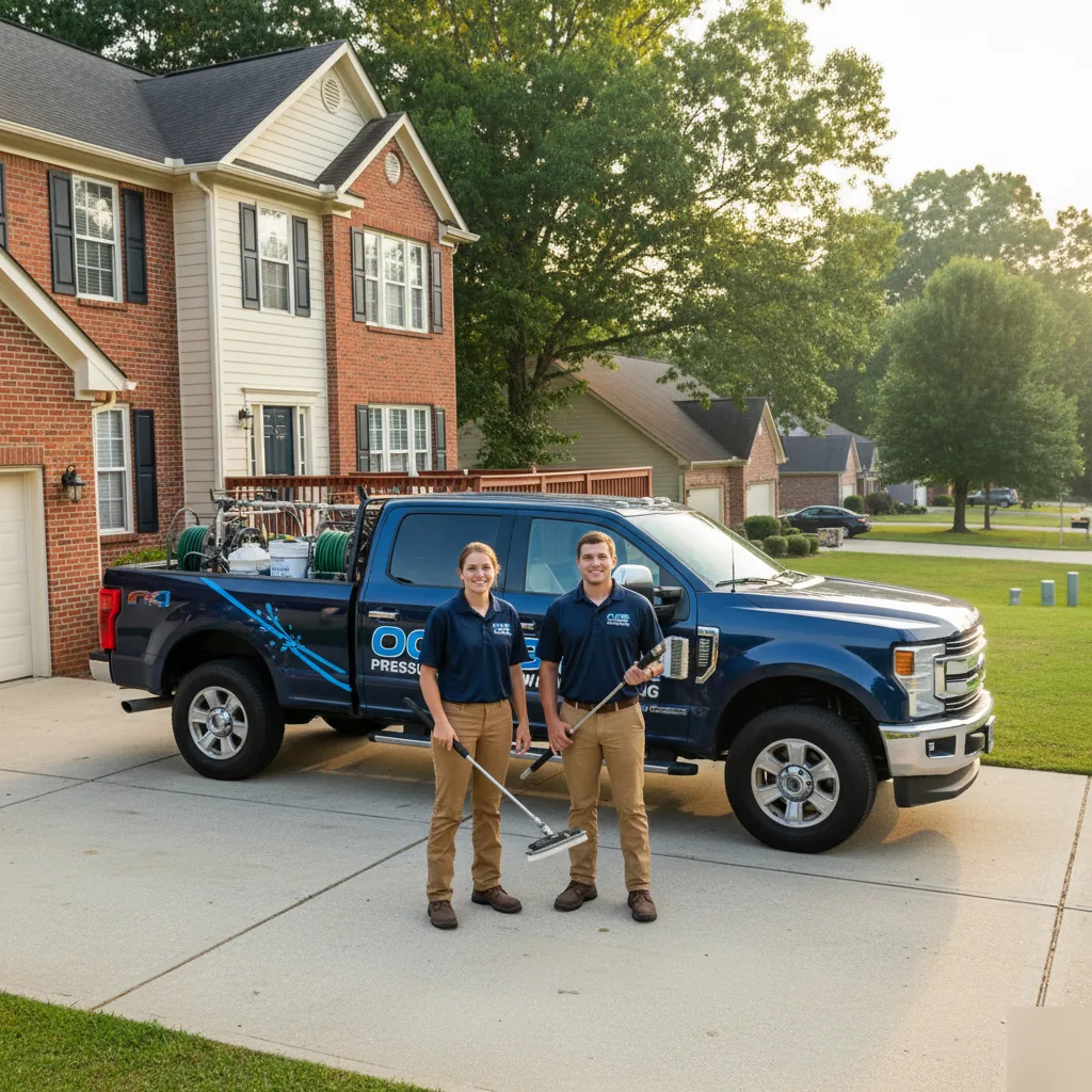 OCB Pressure Washing two-person crew standing in front of branded navy blue service truck in Cumming, GA neighborhood driveway