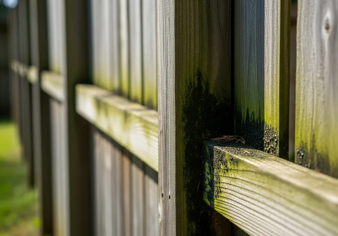 Weathered gray cedar fence with algae in Cumming GA