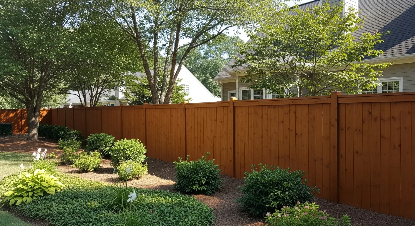 Finished brown stained cedar fence in Cumming GA