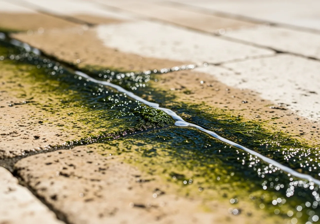 Algae buildup on travertine pool deck in Cumming GA