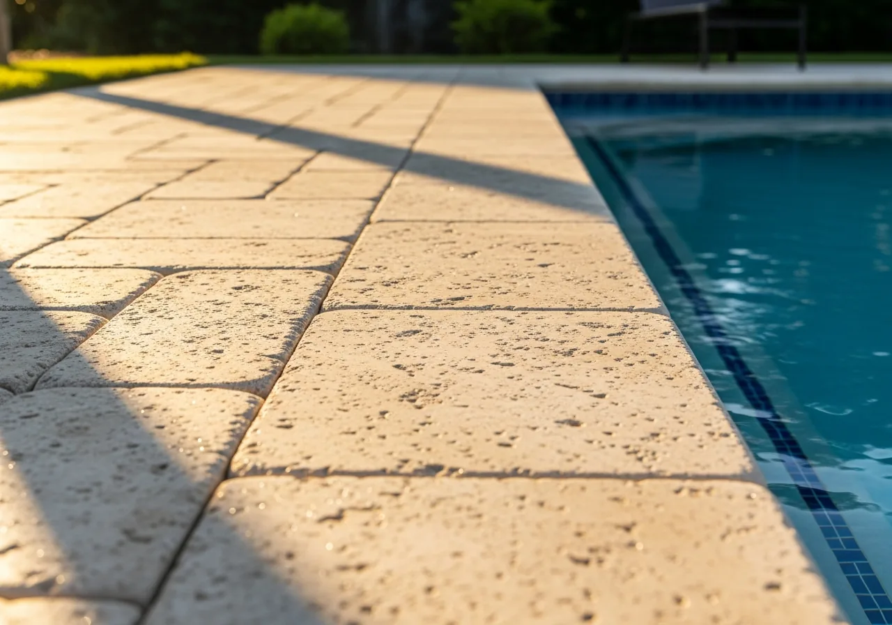 Cleaned travertine pool deck beside blue pool water in Cumming GA