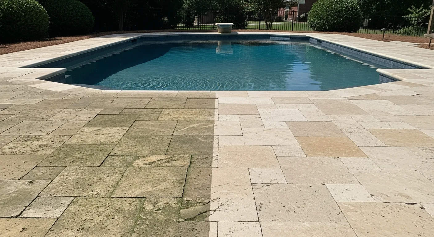 Pool deck travertine pavers being cleaned in Cumming GA
