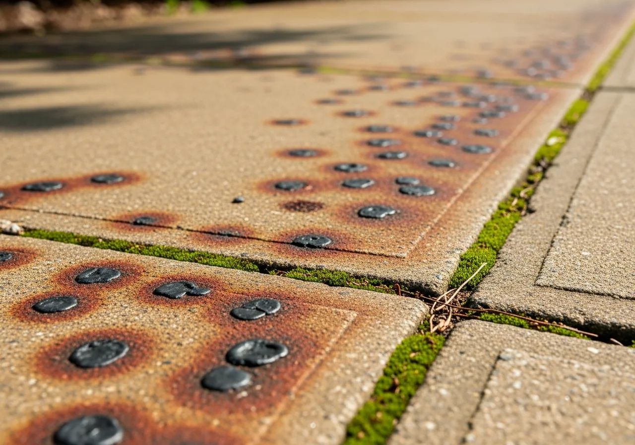 Stained concrete sidewalk with gum and algae in Cumming GA