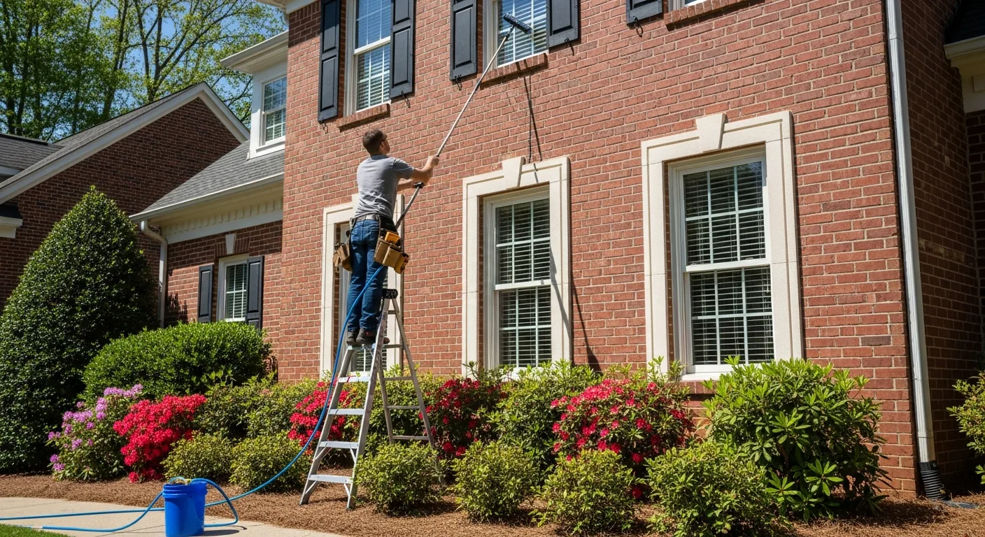 Window cleaning technician on ladder at Cumming GA home